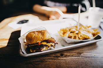 Fast Food, slanina, hovězí, drdol, hamburger, jídlo, hranolky, kloub, maso, gurmán, stůl