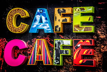 two, multicolored, cafe text posters, cafe, art, letterings, d, 3D, cardboard, letters, colorful