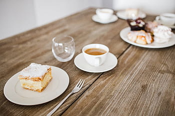 mesa, café, xícara, bolo, lanche, sobremesa, prato, creme, doce