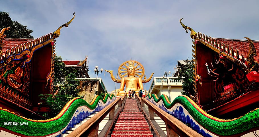zlatá socha Buddhy, zataženo, nebe, chrámy, buddhista, koh samui, Thajsko, velký buddha, wat phra yai, buddhismus, náboženství