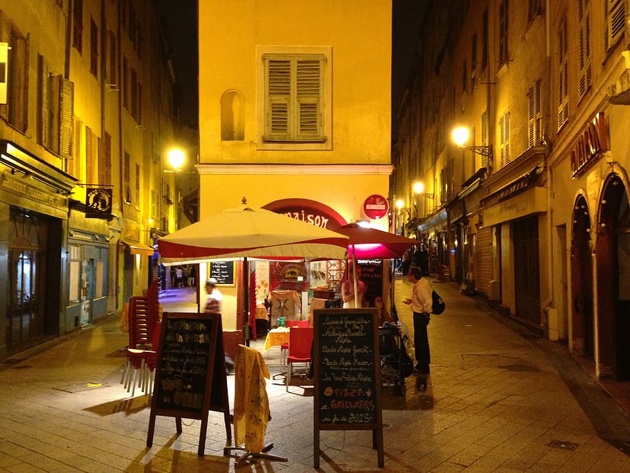 nice, france, côte d ' azur, city, road, night, enlightened, street, europe, cafe, restaurant