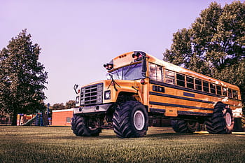 žlutá, travnaté hřiště, během dne, žlutý školní autobus, tráva, pole, objekty, náladový, líný, autobus, netvor