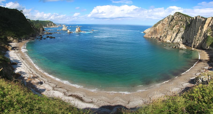 foto ad alto angolo, corpo, acqua, circondato, montagne, spiaggia, Paradiso, panoramico, asturie, mare, blu
