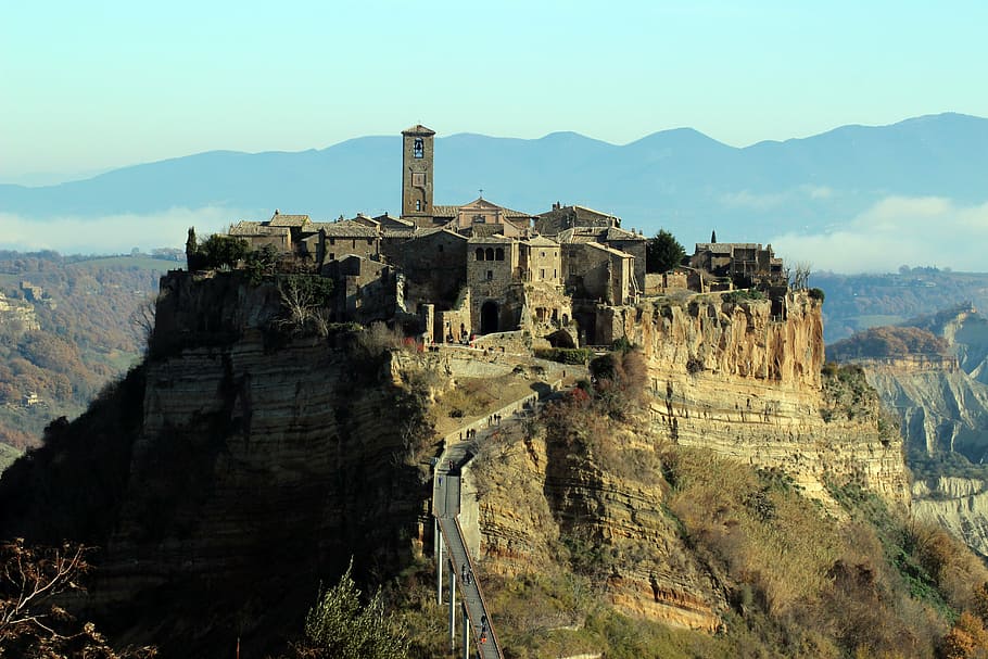 vesnice, horní, hora, během dne, citadela, umírající město, hory, mlha, civita di bagnoregio, Itálie, lazio