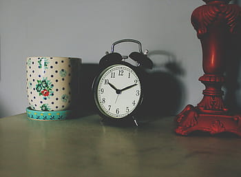 dvojče, zvonek budík, zobrazení, 10:11, Černá, poplach, hodiny, bílý, váza, hnědý, svítilna
