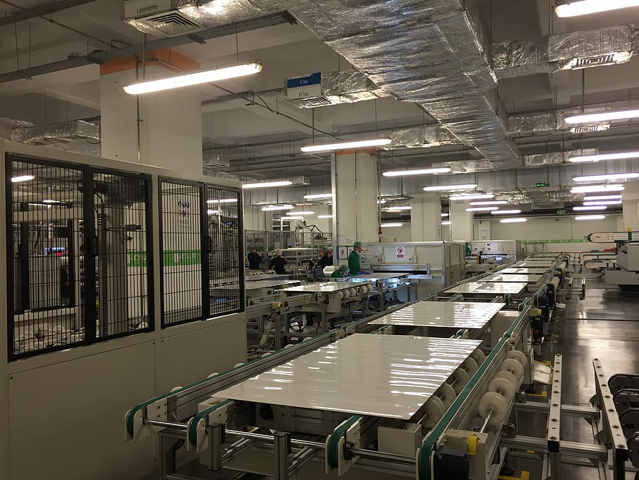 sluneční, továrna, panel, fotovoltaické, obnovitelný, solární energie, rostlina, uvnitř, průmysl, výrobní, technologie