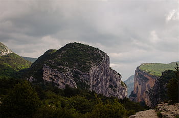 horský terén, bílý, zataženo, nebe, letecký, fotografování, zelená, hnědý, kopců, hory, útesy