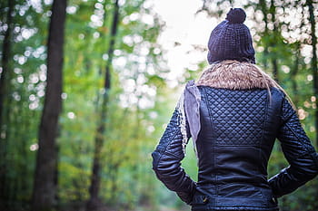 cantik, gadis, punggung, Gadis Cantik, Hutan, Putaran, musim gugur, bokeh, dingin, mode, topi