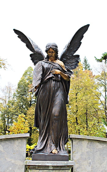 stojící, ženský, socha anděla, den, anděl, sochařství, bronzová socha, hřbitov, bronz, hrobka, křídlo