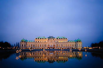 bílý betonový palác, Vídeň, noc, Rakousko, belvedere, hrad, zrcadlení, architektura, slavné místo, palác, odraz