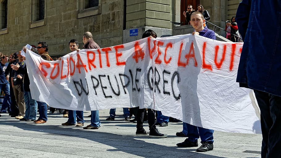 show me, greece, demonstration, lausanne, rally, crowd, protest, demonstrate, dom of expression, non-violent, rejection