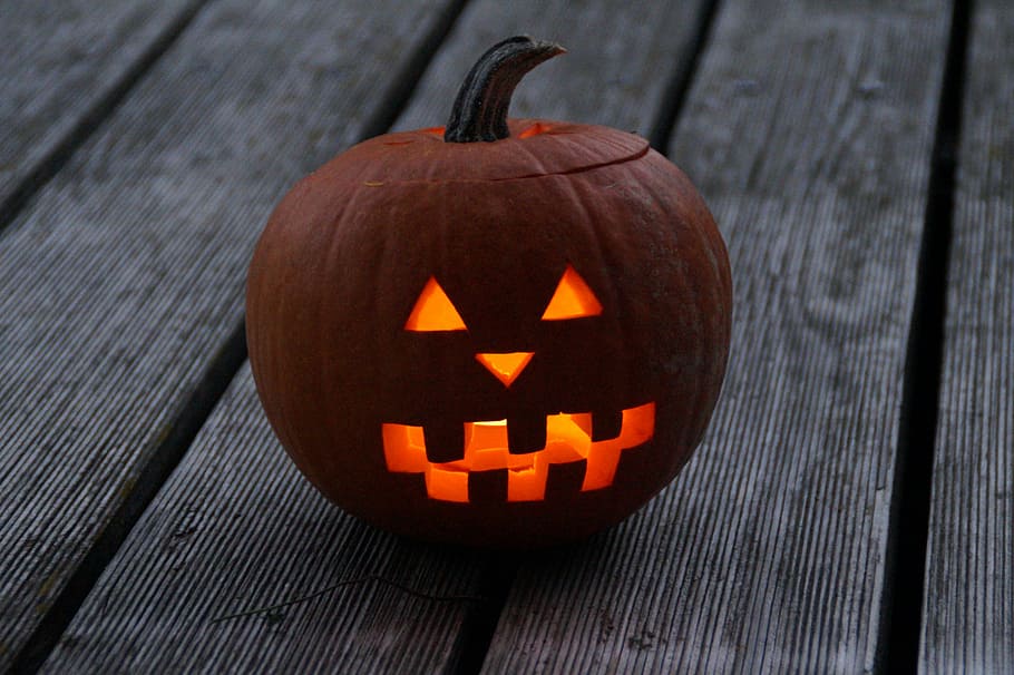 lighted, jack, o', lantern, gray, wooden, surface, pumpkin, halloween, pumpkin face, face