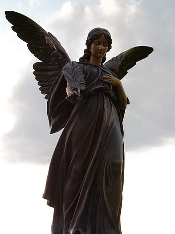 black, female, angel statue, cloudy, sky, daytime, statue, angel, sculpture, religion, religious
