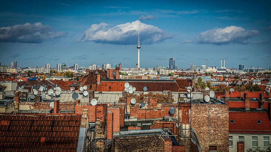 Berlín, město, panoráma, budova, hlavní město, architektura, mezník, domy, nebe, televizní věž, mraky