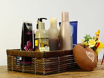 kosmetický, produkty, hnědý, proutěný koš, kosmetika, deco, dekorace, špatný, dar, koupelna, košík