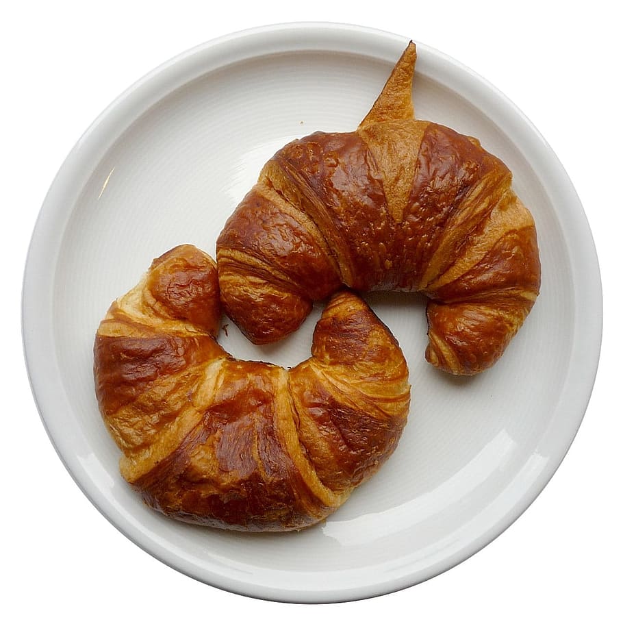 two, crossaint, white, ceramic, plate, Croissants, Breakfast, Puff Pastry, puff squirrels, pastries, baked goods