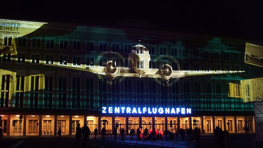 Berlin, Tempelhof, Aircraft, Flyer, berlin, tempelhof, central airport, lighting, night, illuminated, architecture, urban Scene