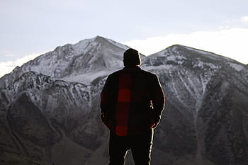 man, standing, ground, facing, mountains, people, alone, travel, adventure, mountain, climb