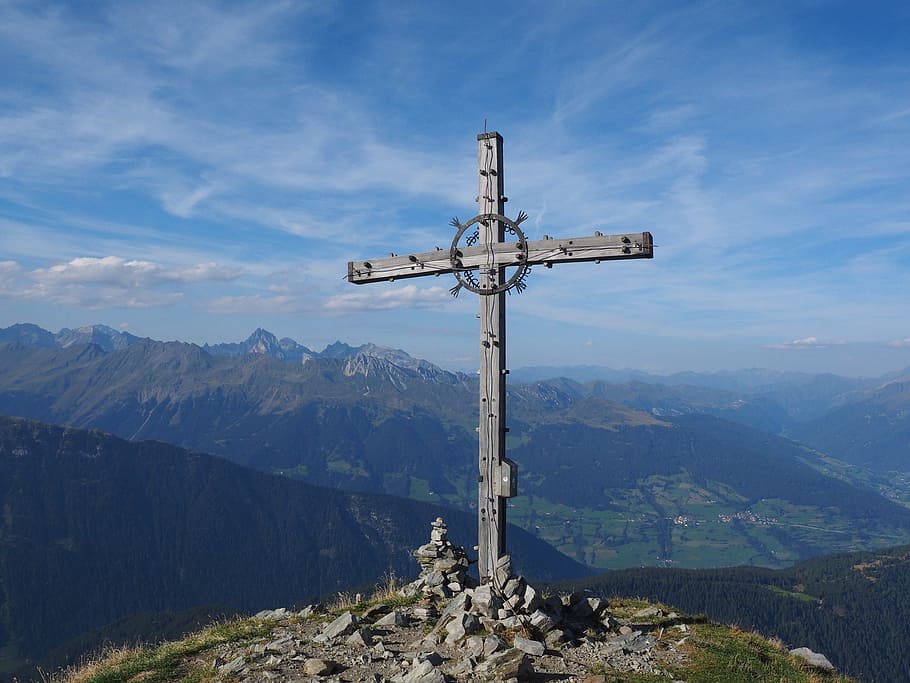 jaufenspitze, summit cross, cross, mountains, view, white wall, high tooth, weather tip, pflerscher tribulaun, gschnitzer tribulaun, tribulaun
