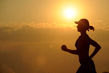 man, black, crew-neck shirt, silhouette, woman, running, sunset, runner, long distance, fitness, female