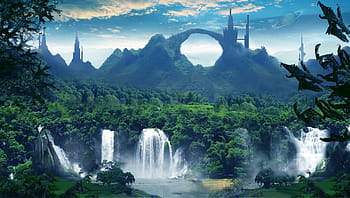 waterfalls, cantilever rock, distance, digital, wallpaper, manipulation, digital art, fantasy art, photoshop, art
