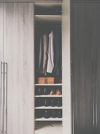 clothes, shoes, brown, wooden, wardrobe, cabinet, closet, door, open, clothing, box