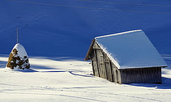 Winter, Barn, Snow, Scale, Wood, log cabin, nature, rural, old, roof, mood
