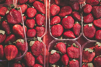 red strawberries, strawberries, lot, food, fruits, containers, stack, pile, red, fruit, food and drink