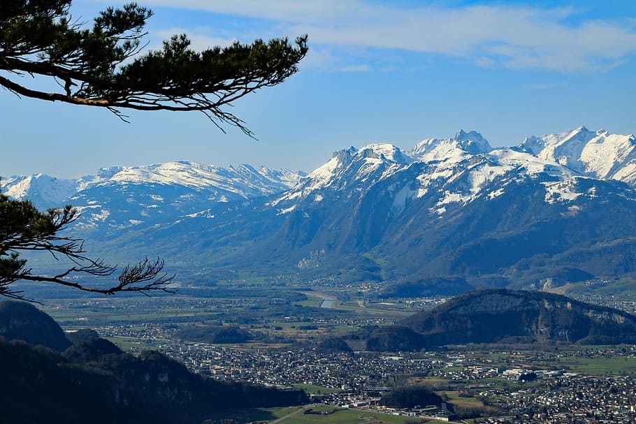Rakousko, emsreute, hohenems, Pohled, säntis, vysokohorský, nebe, panoráma, sníh, appenzell, švýcarské Alpy