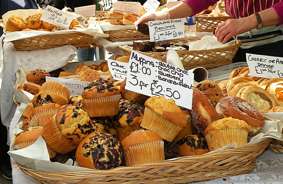 muffiny, košíčky, trh, chléb, pekařství, pekař, jídlo, košík, svěžest