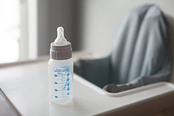 baby, bottle, empty, chair, highchair, child, blanket, drink, food, objects, childcare