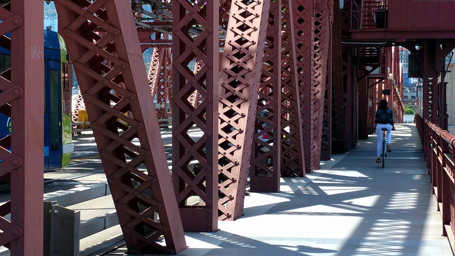 cyclist, broadway bridge, red bridge, cycling, walkway, bridge, path, walk, red, perspective, sunny