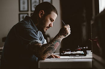 people, man, tattoo, drawing, design, artist, art, pen, paper, table, concentrate