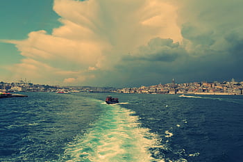 boats, ships, water, city, clouds, sky