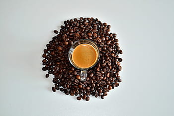 shot, surrounded, coffee beans, Overhead, food/Drink, coffee, drinks, brown, bean, cup, drink