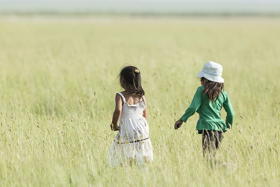 二、 女の子たち、 歩く、 草地、 昼間、 二人の女の子、 良い友達、 牧草地、 一歩、 モンゴル国、 子