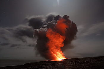 fotografie, sopka, kouř, hawaii, láva, mrak, popel, voda, oceán, sopečný, erupce