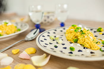 largo, feijão, fofo, prato, azul, corações, Risoto, favas, corações azuis, flores, amarelo