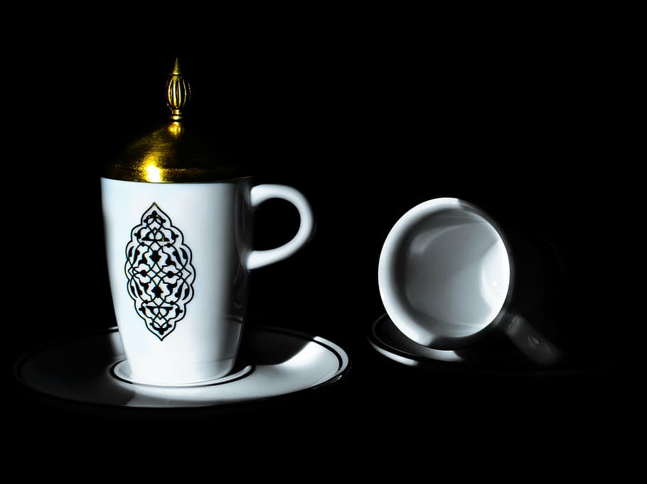pohár, kávový šálek, keramický, podšálek, zlato, porcelán, Pokrýt, ušlechtilý, světlo, stín, plavidlo