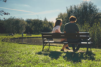 Paar, Menschen, Mädchen, Kerl, Sitzung, Bank, Dating, Grün, Gras, Natur, See