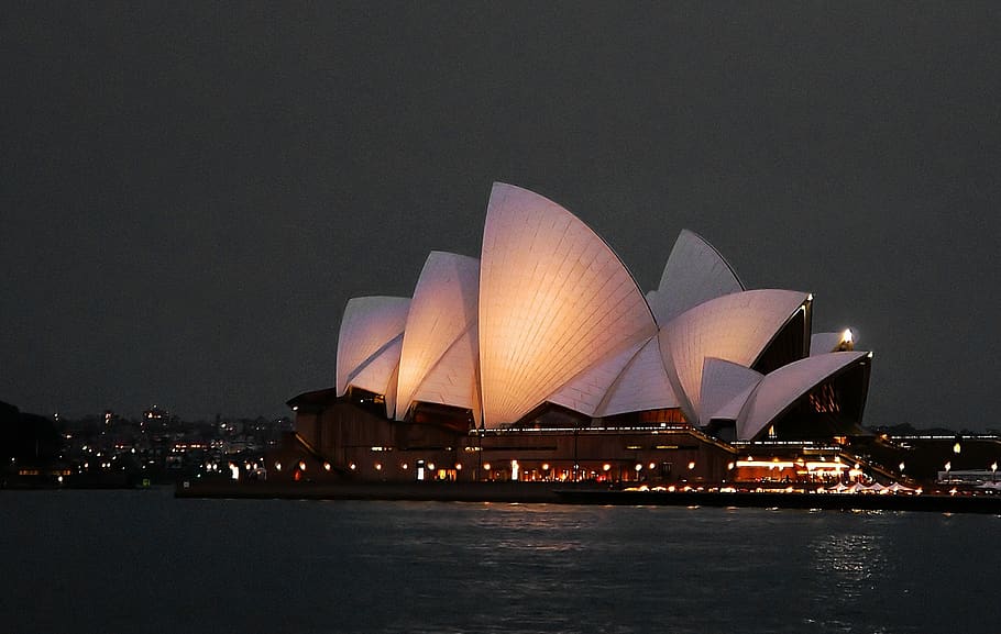 Opera v Sydney, noc, přístav, město, mezník, voda, architektura, panoráma, večer, krajina, světla