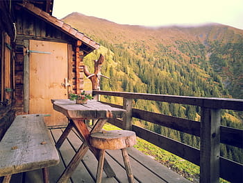 Marrone, di legno, tavolo, terrazza, foresta di montagna, bianca, cielo, verde, montagne, vicino, Casa