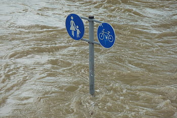 blu, grigio, cartello stradale, coperto, acqua, acqua alta, scudo, ambientazione, allagamento, allagato, ambiente