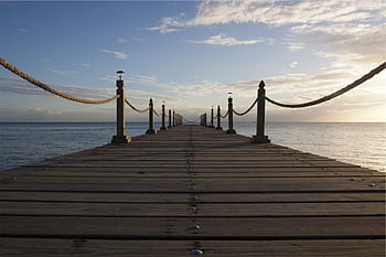 wood, dock, pier, rope, water, ocean, sea, sky
