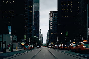 cars, road, buildings, city, urban, architecture, skyscrapers, taxi, cabs, street, traffic