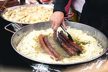 cooking sausages, onion, Cooking, sausages, hands, meat, process, sausage, food, people, asia