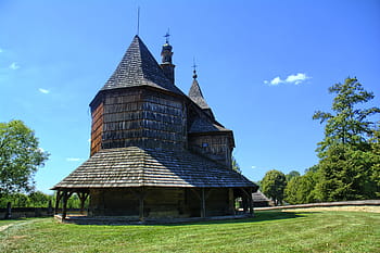 Sanoku, skanzen, venkovský, chalupa, venkovská chata, dřevěné kuličky, střechu, Polsko, starý, architektura, sláma
