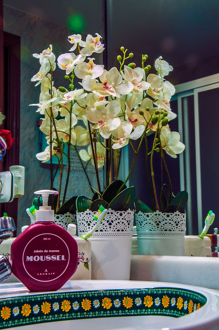 bagno, specchio, casa, dentro, orchidea, decorazione, fiore