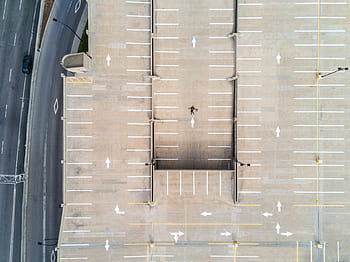 aerial, photography, person, building, architecture, arrow, sign, street, road