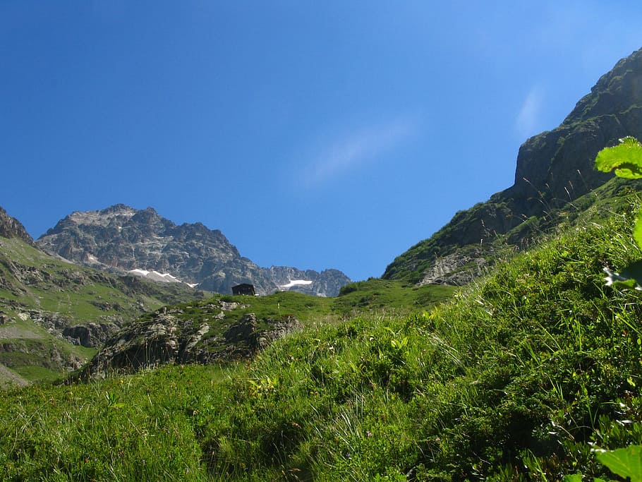 hora, krajina, Skála, scenérie, mrak, ráno, měsíc, nebe, modrý, cestovat, Příroda